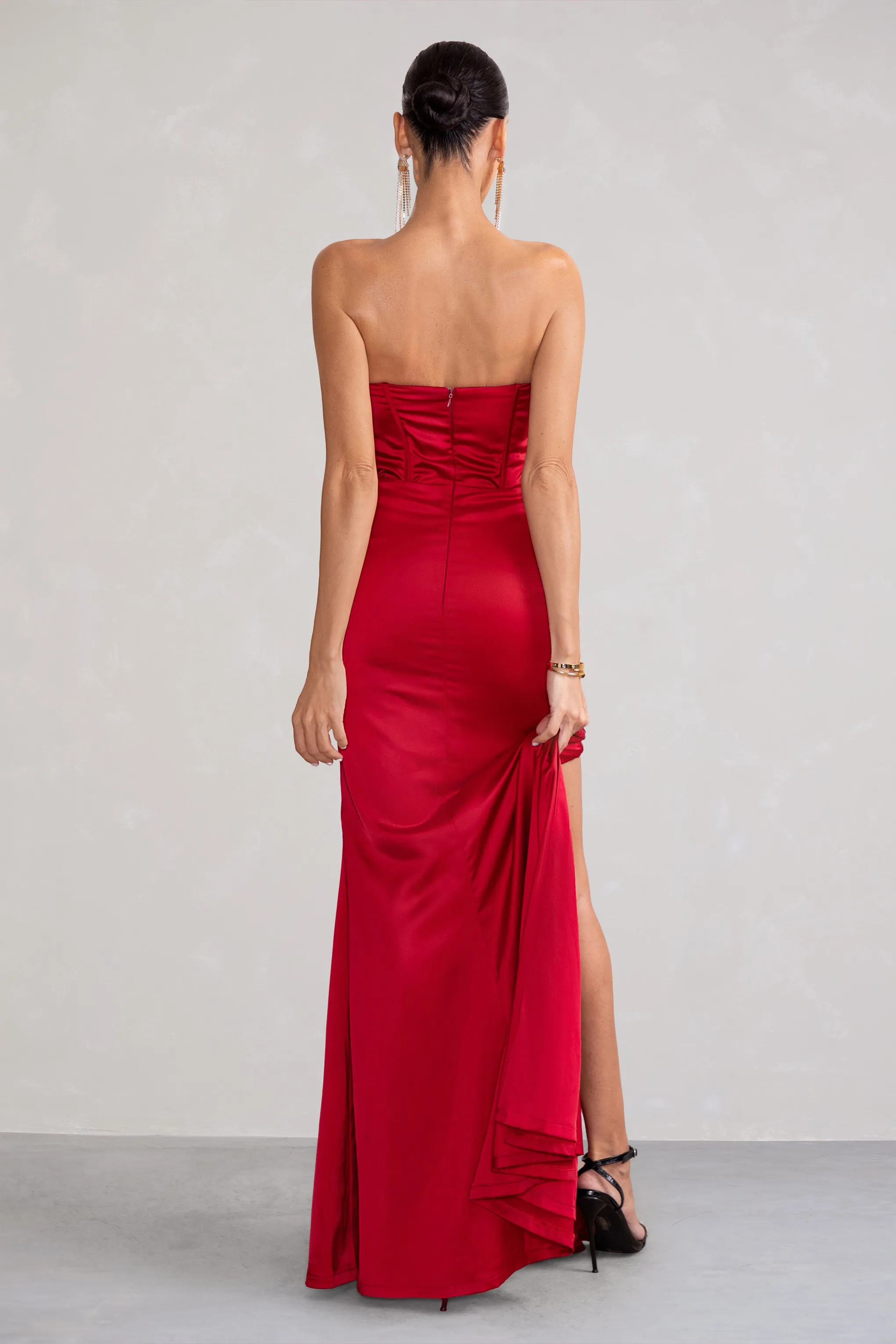 Red Satin Strapless Fishtail Maxi Dress