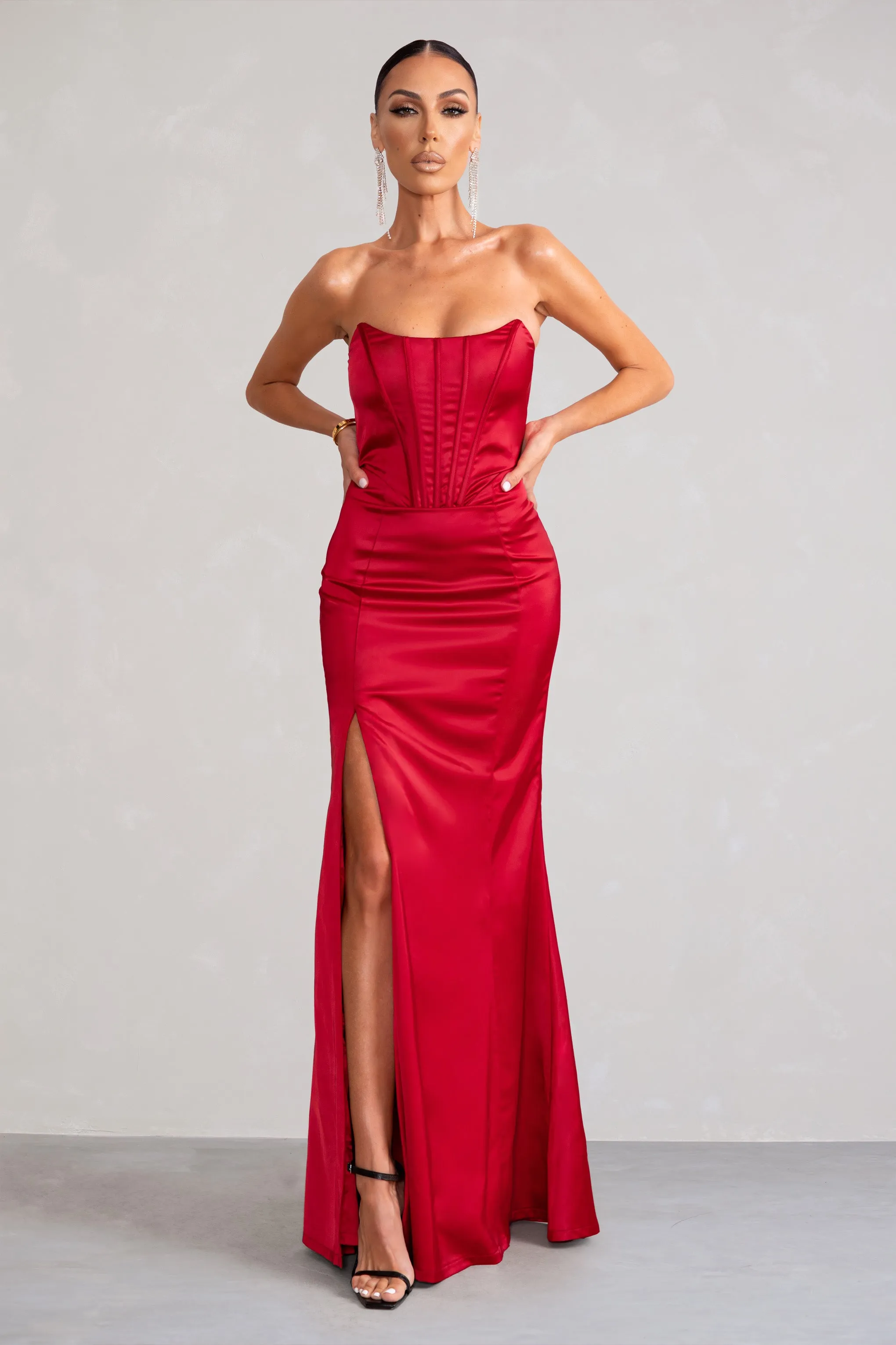 Red Satin Strapless Fishtail Maxi Dress