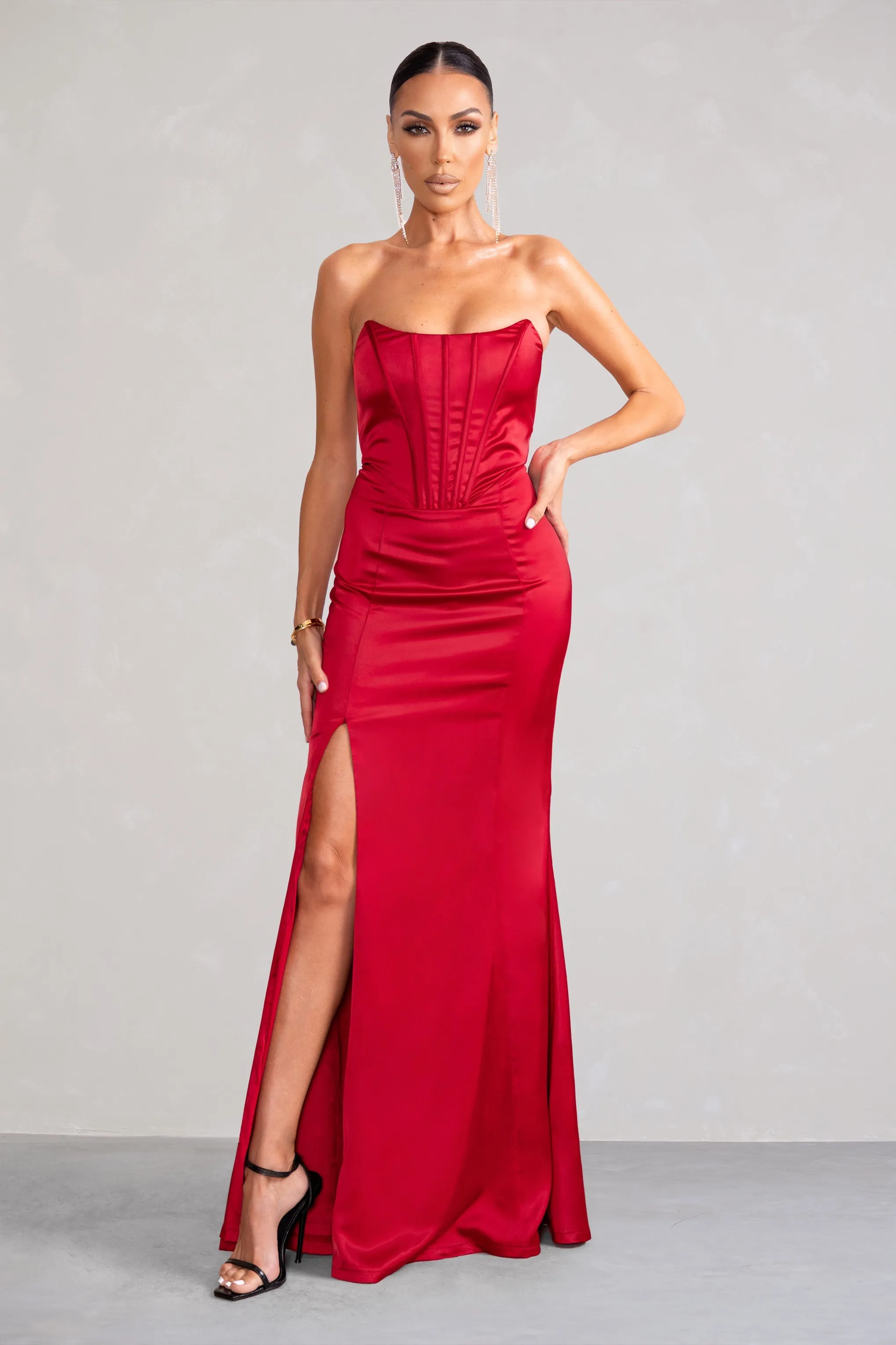 Red Satin Strapless Fishtail Maxi Dress