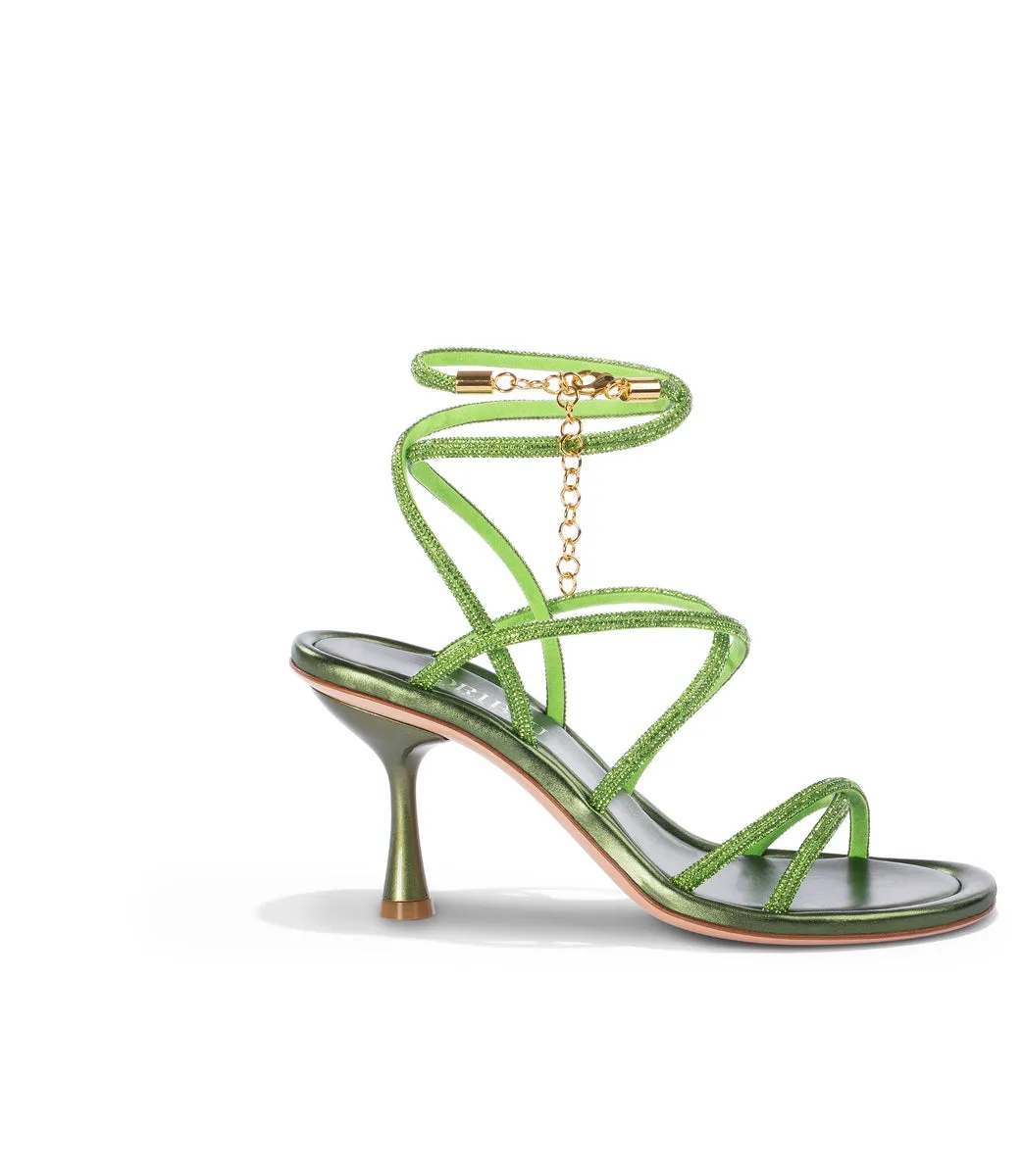 Rhinestones Green Nappa Leather Sandals