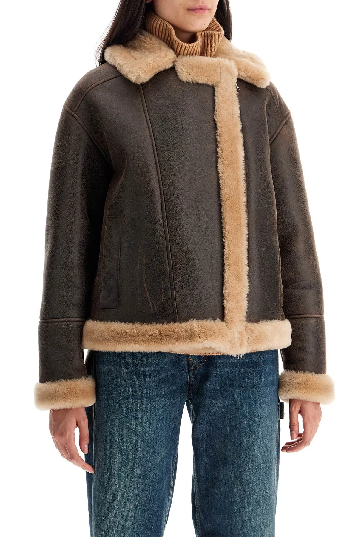 24073300 women's shearling jacket in mogano/beige color