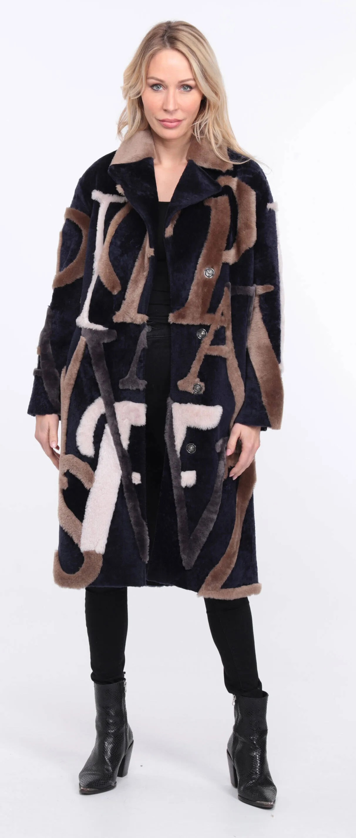 Sheepskin coat with navy/beige starle design for women.