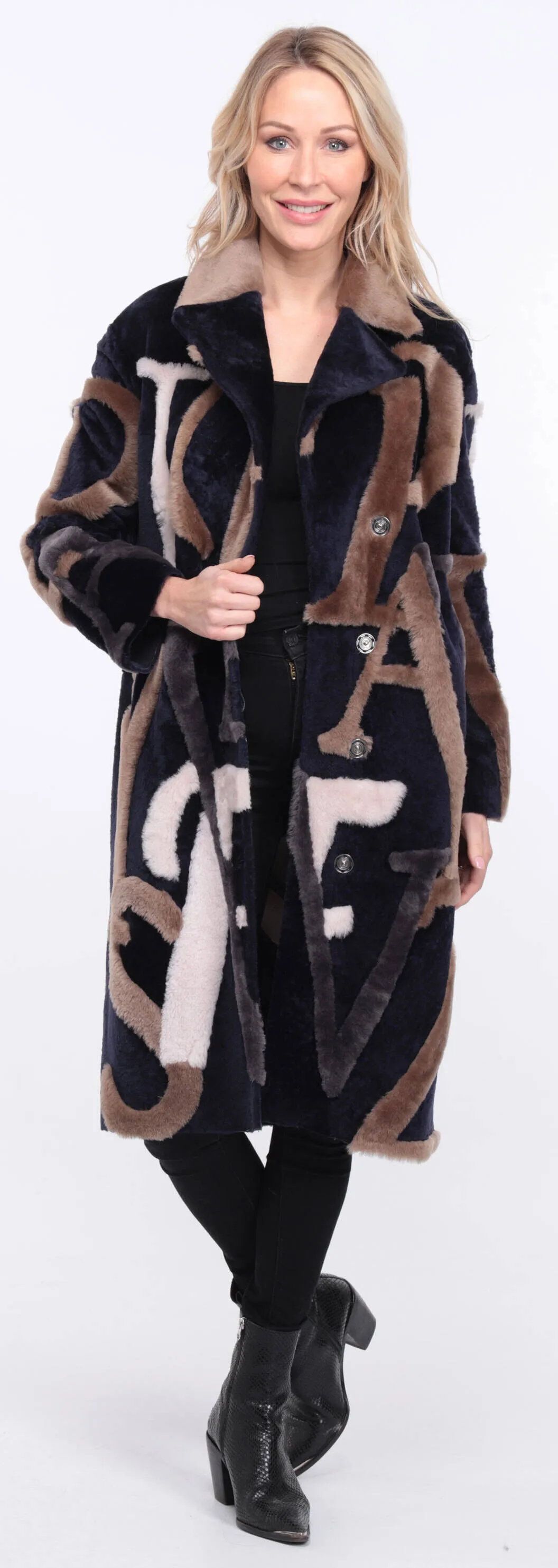 Sheepskin coat with navy/beige starle design for women.