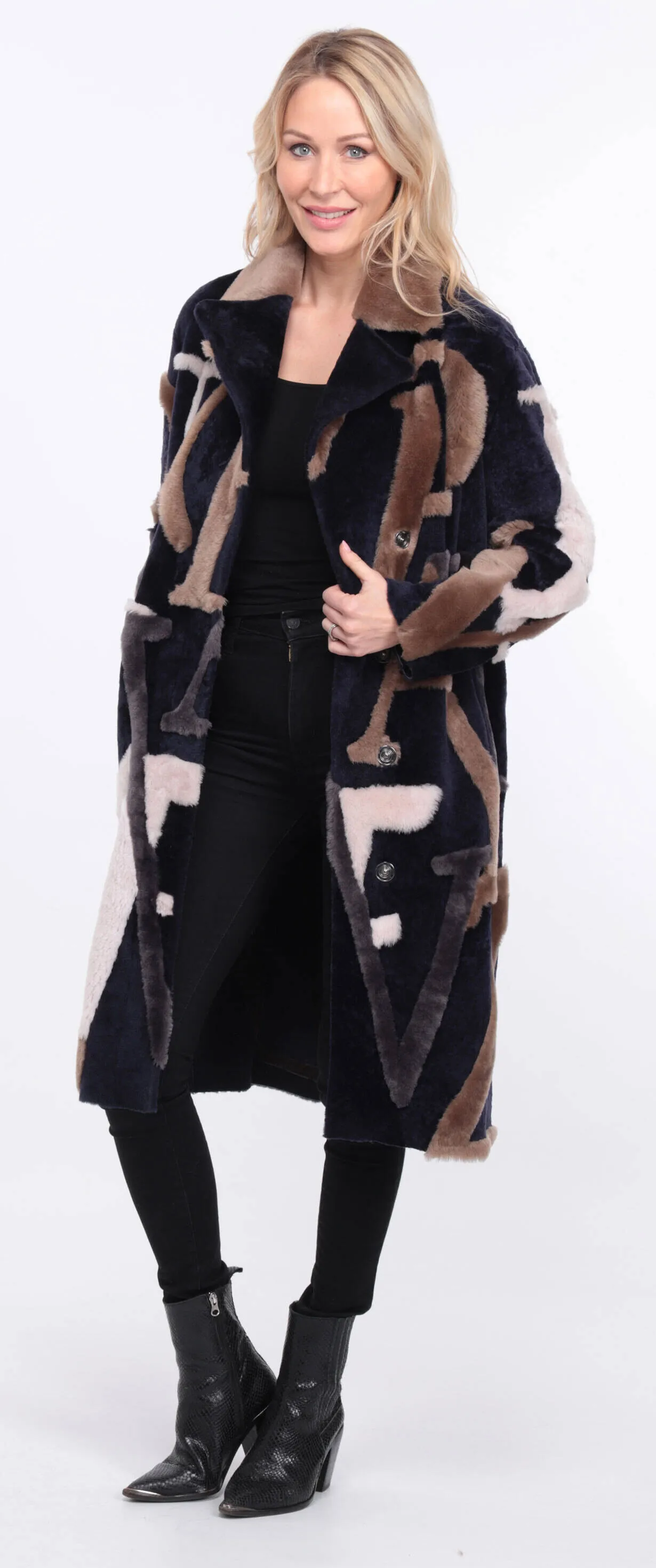 Sheepskin coat with navy/beige starle design for women.