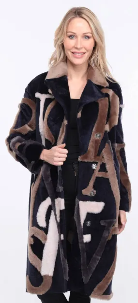 Sheepskin coat with navy/beige starle design for women.