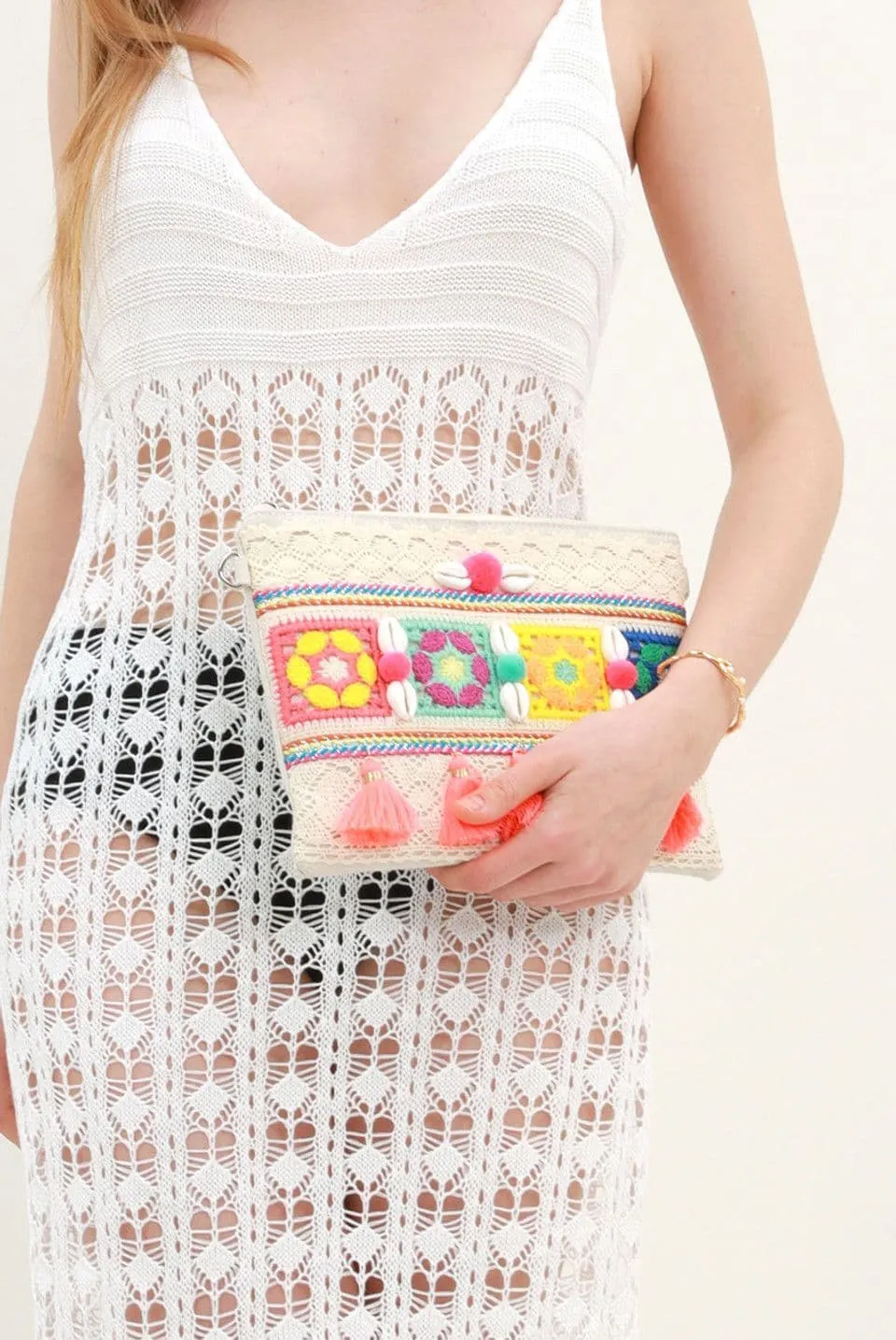 Multicoloured Boho Clutch Bag with Shell and Tassel