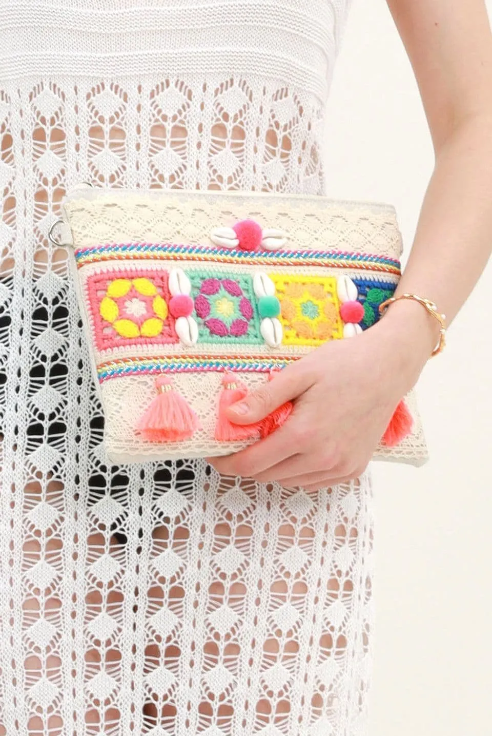 Multicoloured Boho Clutch Bag with Shell and Tassel