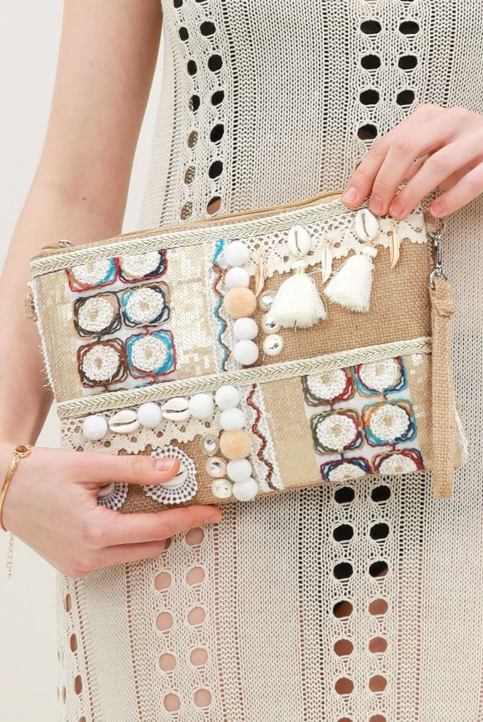 Nude Boho Clutch Bag with Shell Detail