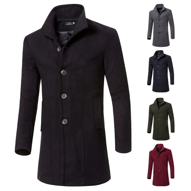 Solid Wool Trench Coat for Men