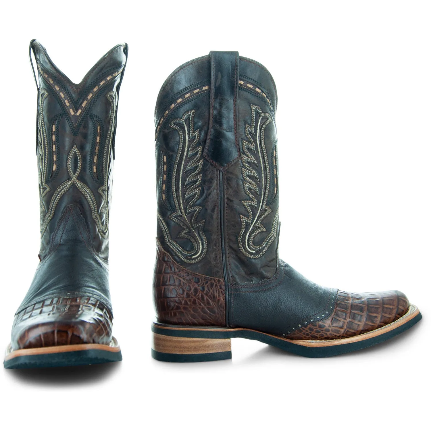 Soto Boots Men's Brown Cowboy Boots with Gator Belly Print Saddle Vamp