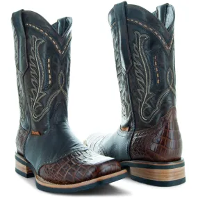 Soto Boots Men's Brown Cowboy Boots with Gator Belly Print Saddle Vamp