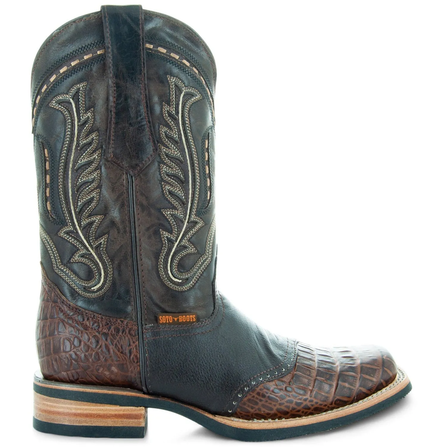 Soto Boots Men's Brown Cowboy Boots with Gator Belly Print Saddle Vamp