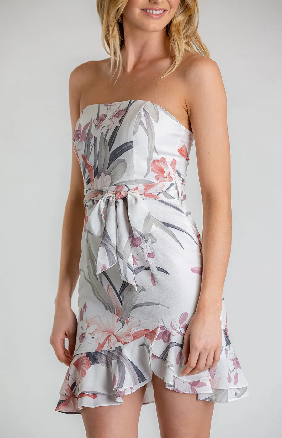 Strapless Floral Dress with Frill Hem Detail