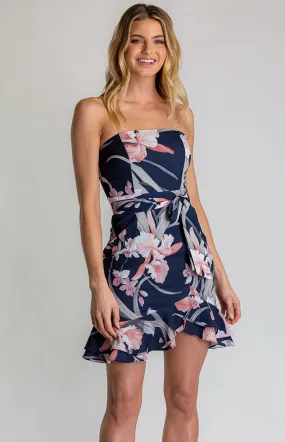 Strapless Floral Dress with Frill Hem Detail