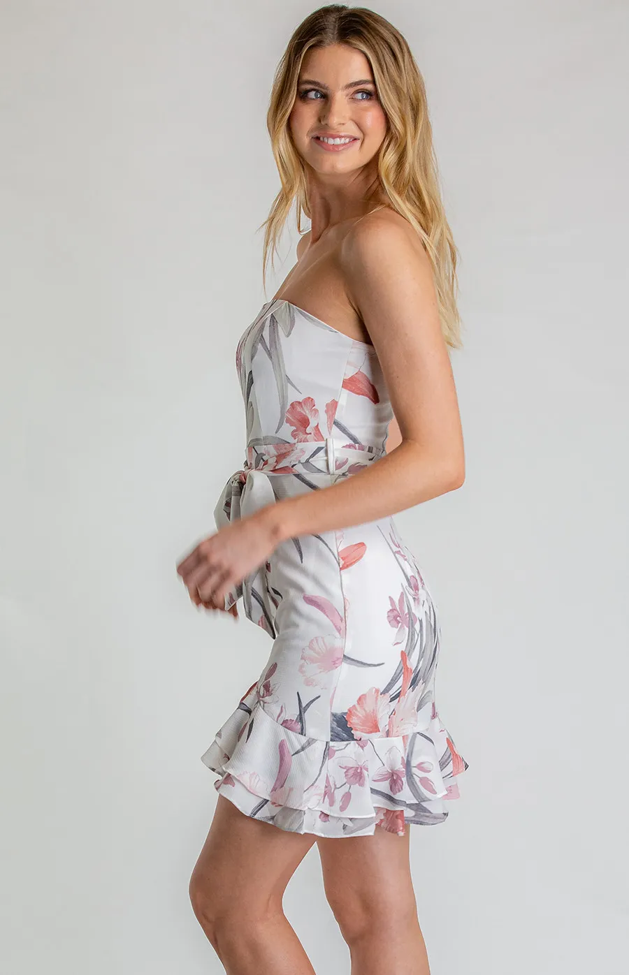 Strapless Floral Dress with Frill Hem Detail