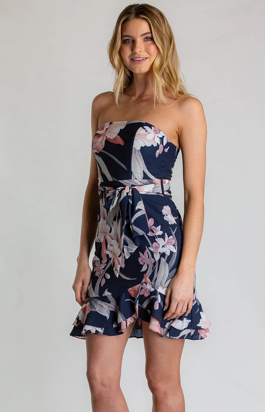 Strapless Floral Dress with Frill Hem Detail