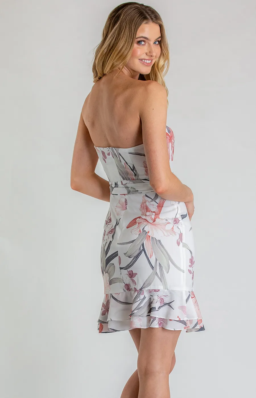 Strapless Floral Dress with Frill Hem Detail