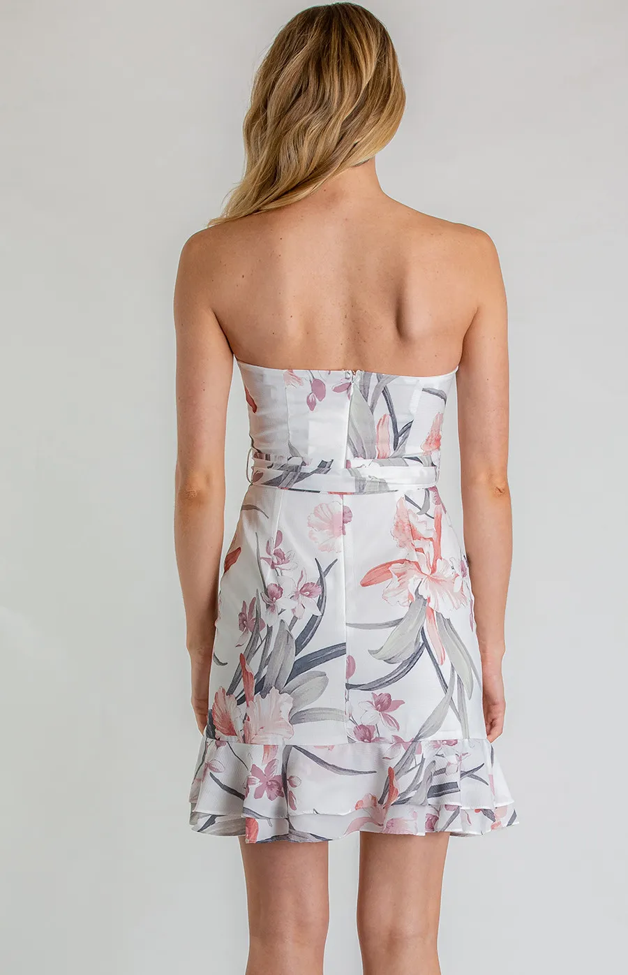 Strapless Floral Dress with Frill Hem Detail