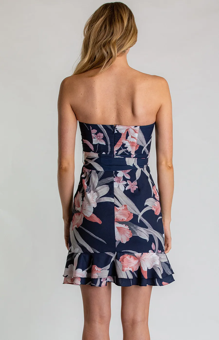 Strapless Floral Dress with Frill Hem Detail