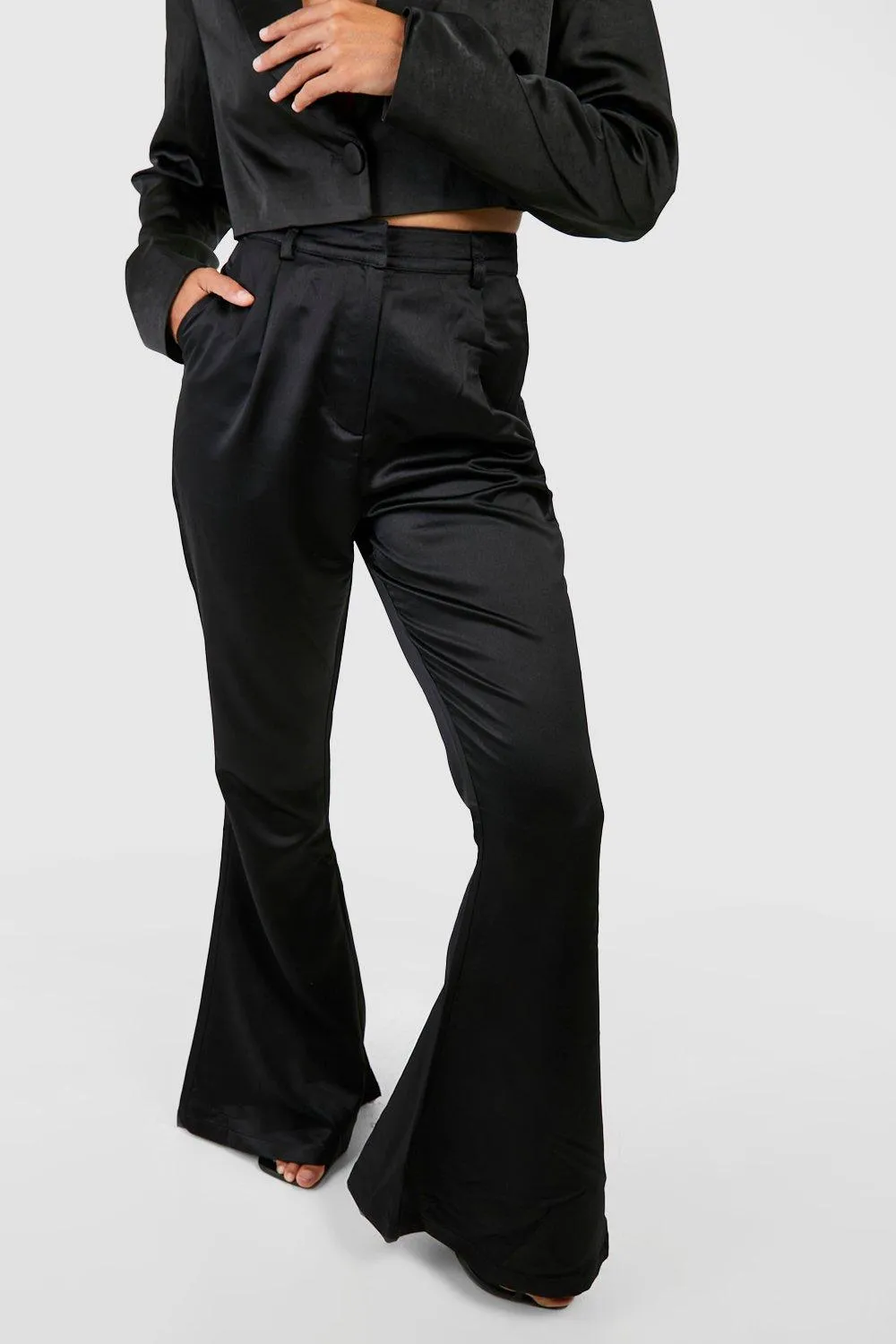 Tailored Flared Hem Heavy Satin Trousers