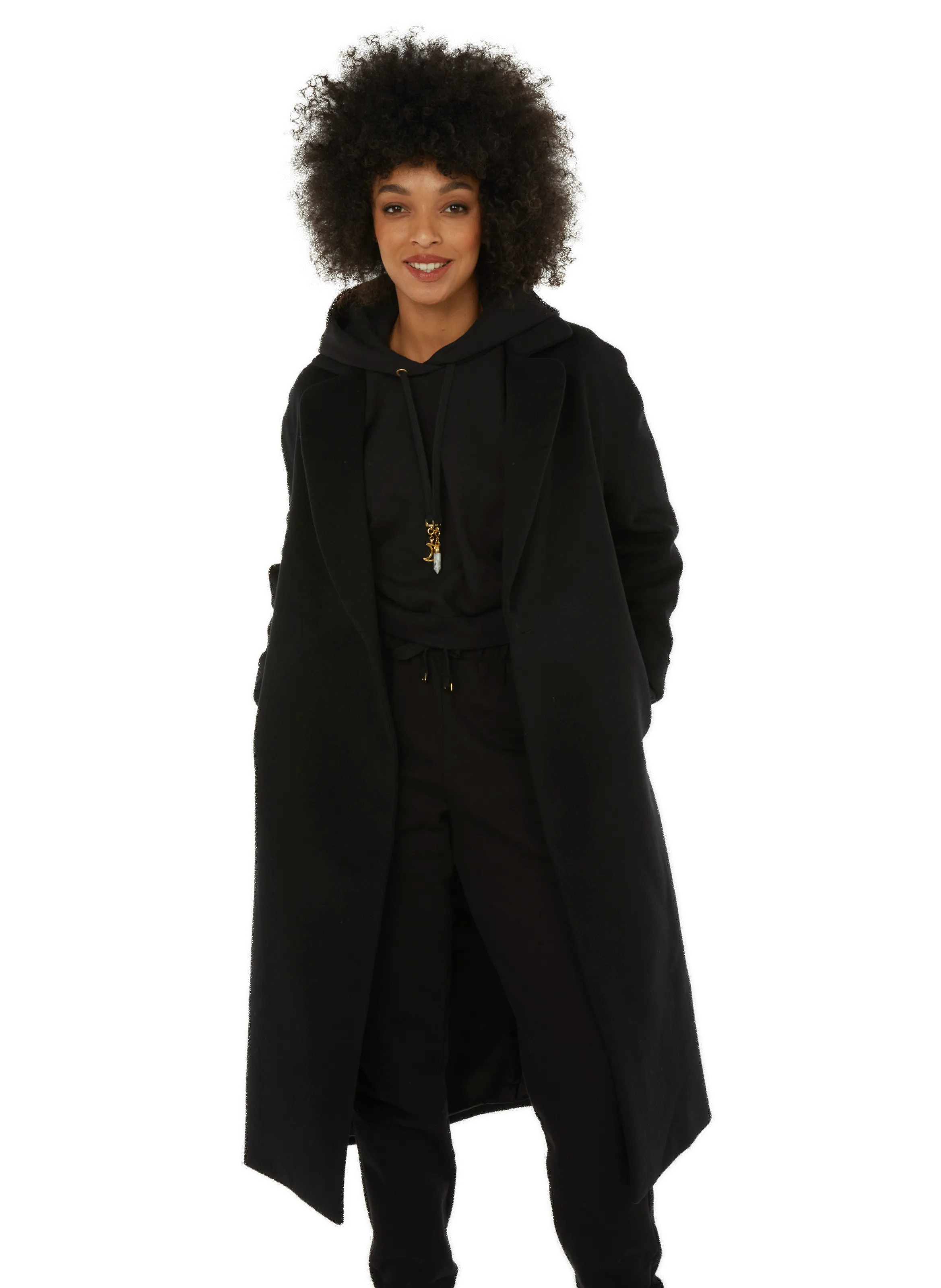 Long black wool coat for social Sundays