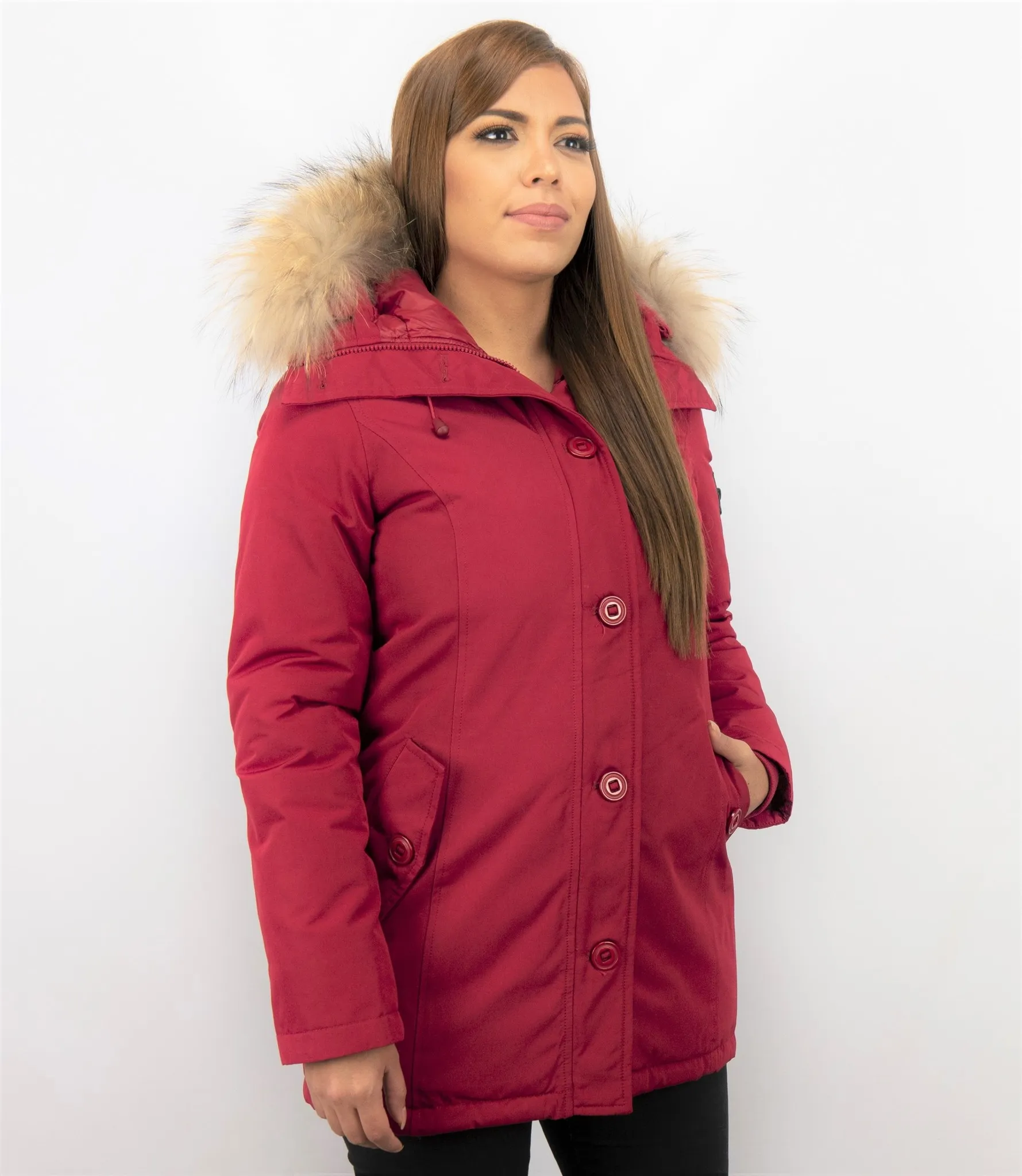 Women's Red Fur Collar Winter Parka Coat with Long Stitch Bag