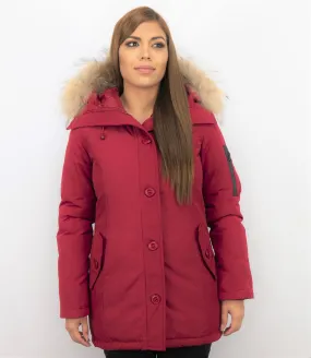 Women's Red Fur Collar Winter Parka Coat with Long Stitch Bag