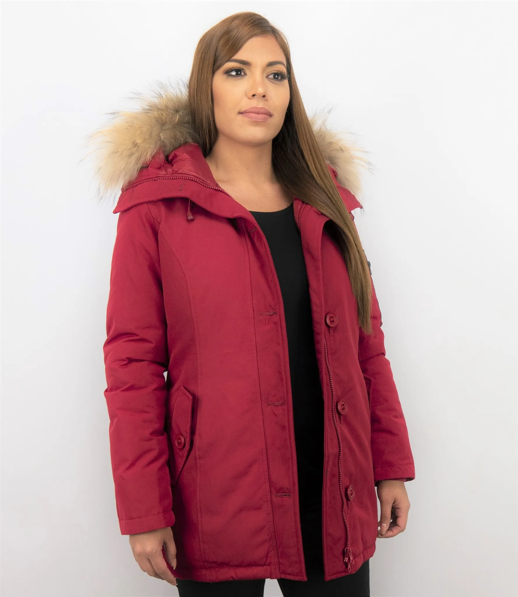 Women's Red Fur Collar Winter Parka Coat with Long Stitch Bag