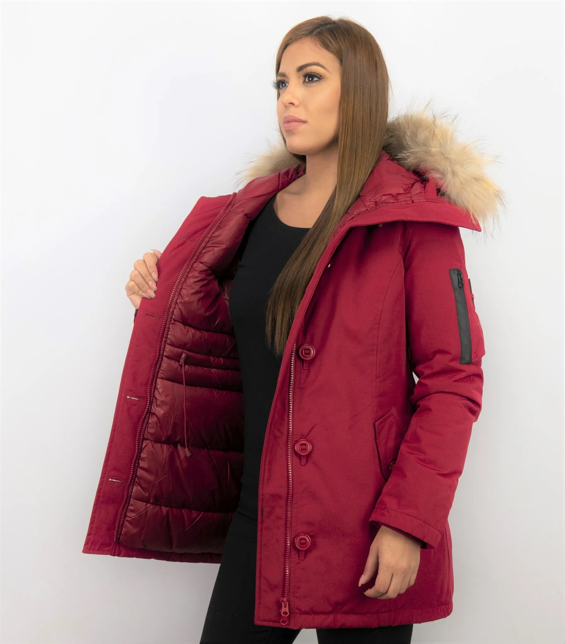 Women's Red Fur Collar Winter Parka Coat with Long Stitch Bag