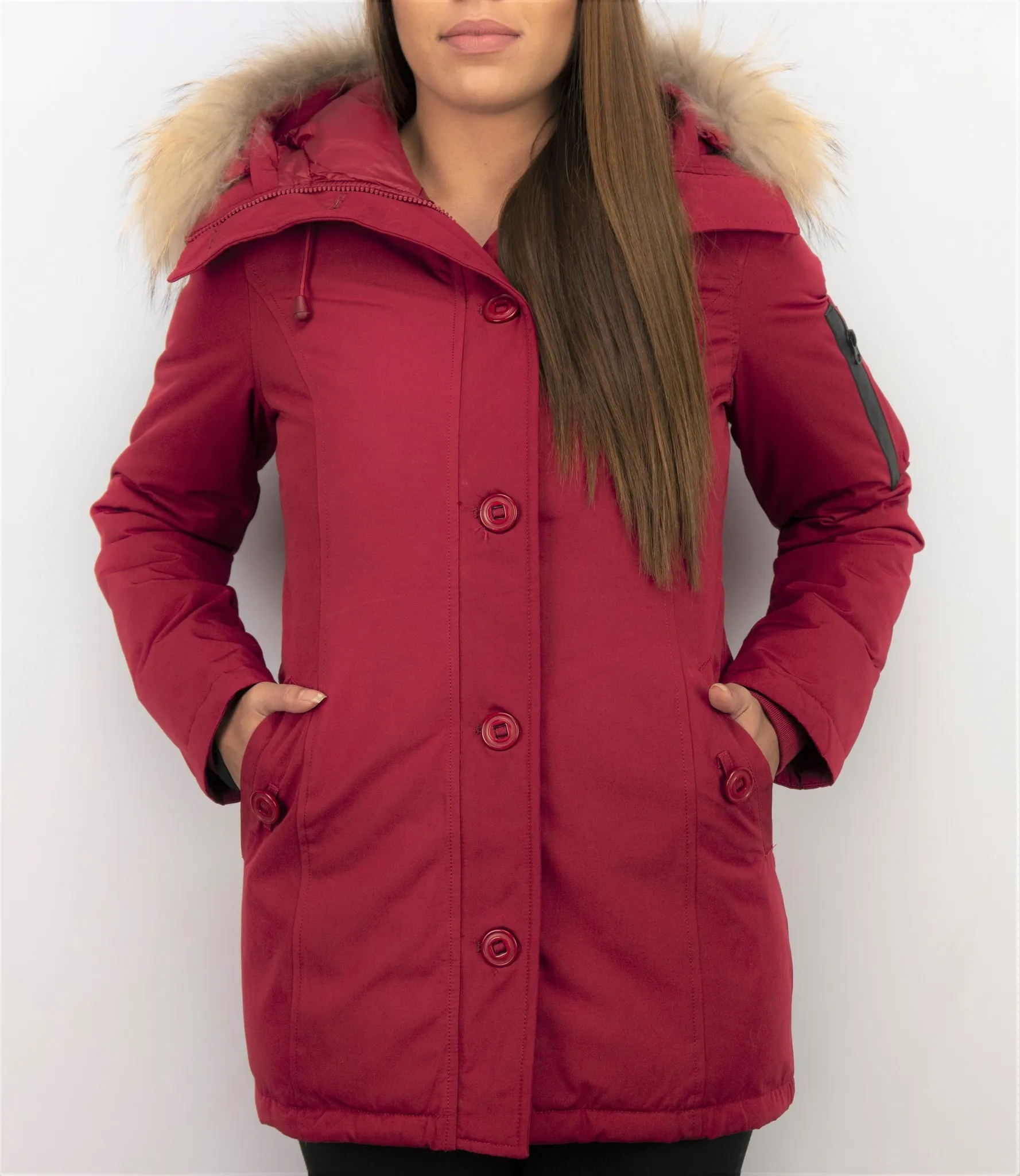 Women's Red Fur Collar Winter Parka Coat with Long Stitch Bag