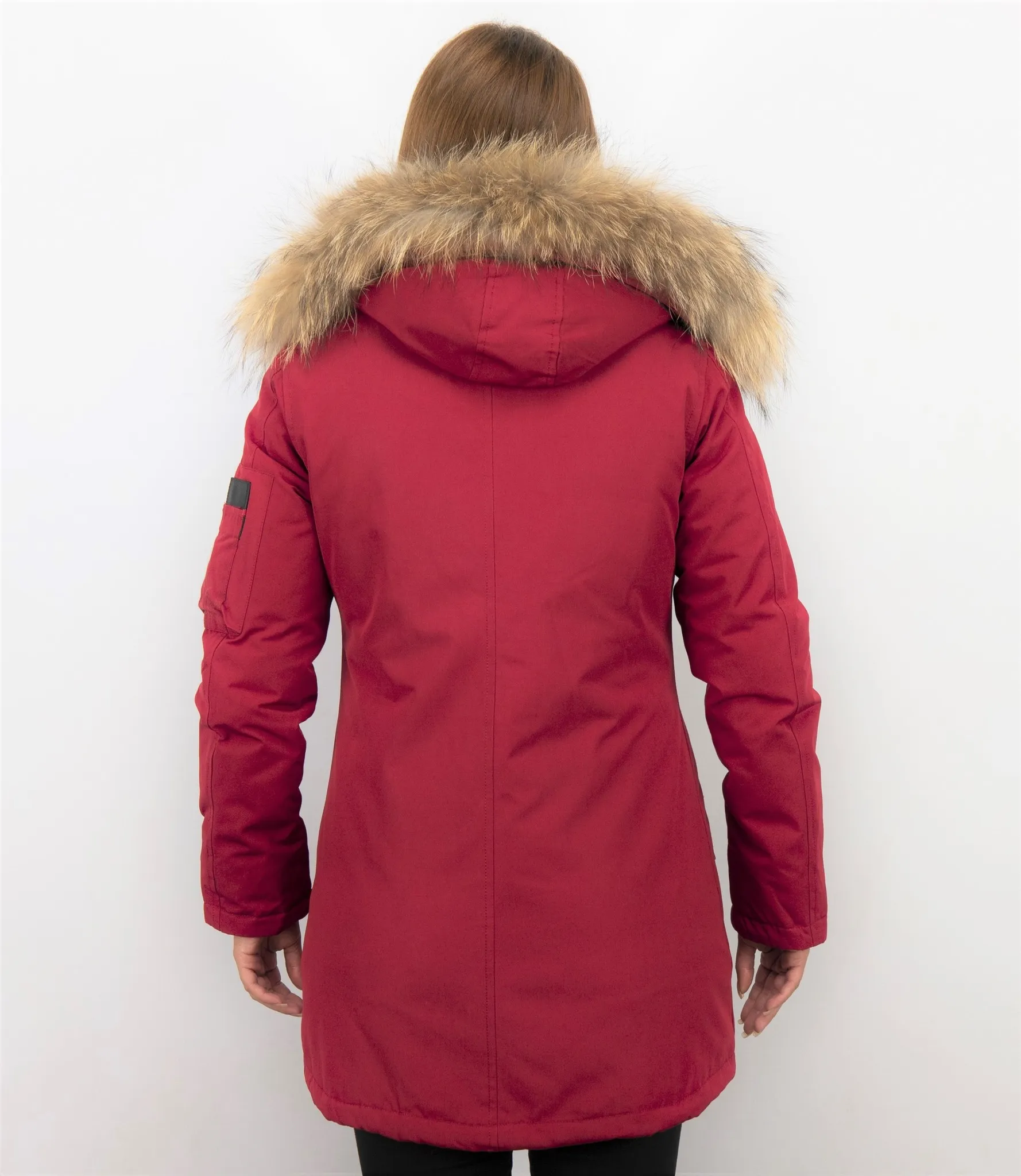 Women's Red Fur Collar Winter Parka Coat with Long Stitch Bag