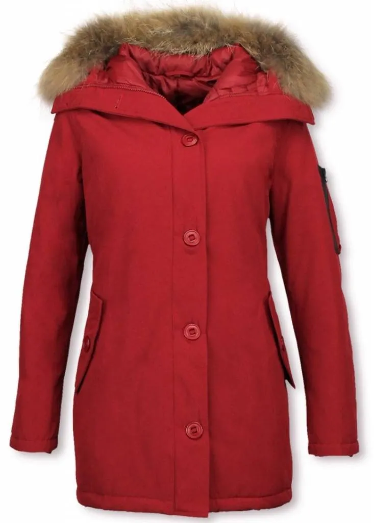 Women's Red Fur Collar Winter Parka Coat with Long Stitch Bag