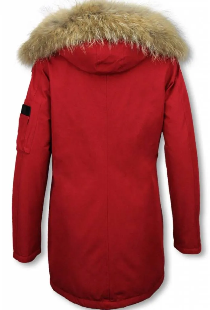 Women's Red Fur Collar Winter Parka Coat with Long Stitch Bag