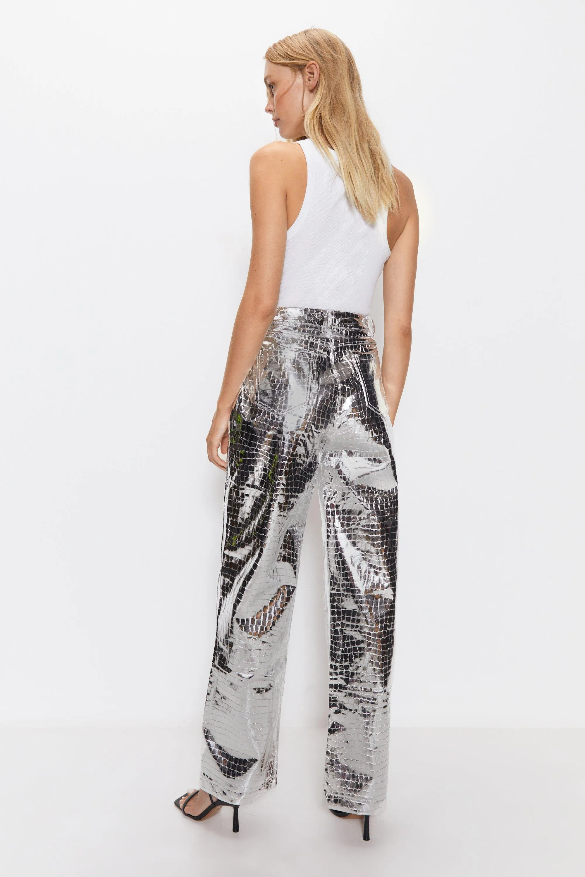 Warehouse Croc Faux Leather Straight Leg Trousers