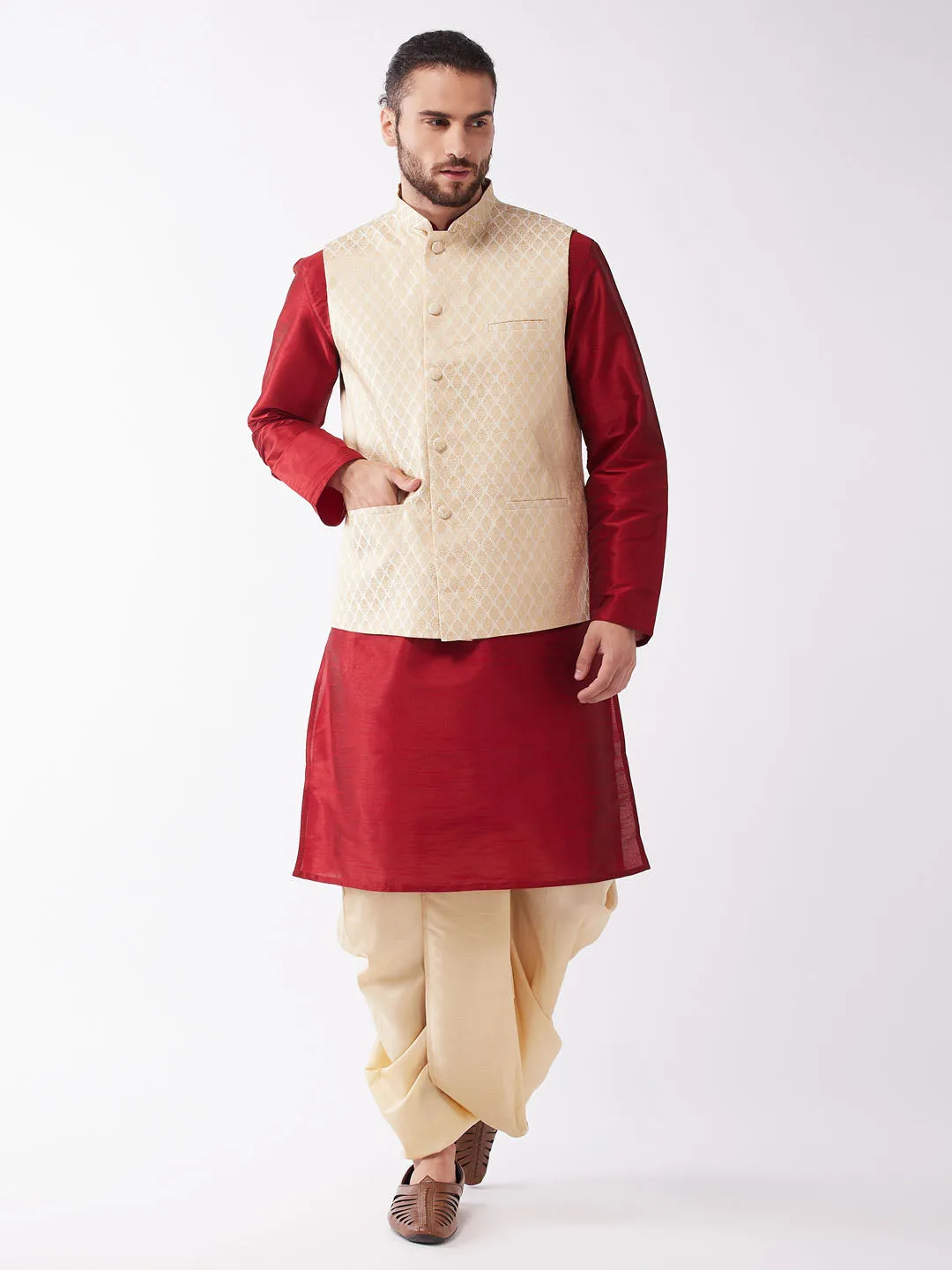 Vastramay Men's Maroon Silk Jacket Kurta Dhoti Set.