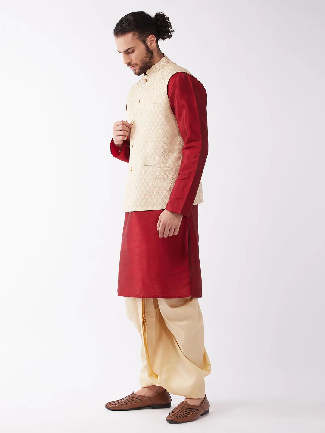 Vastramay Men's Maroon Silk Jacket Kurta Dhoti Set.