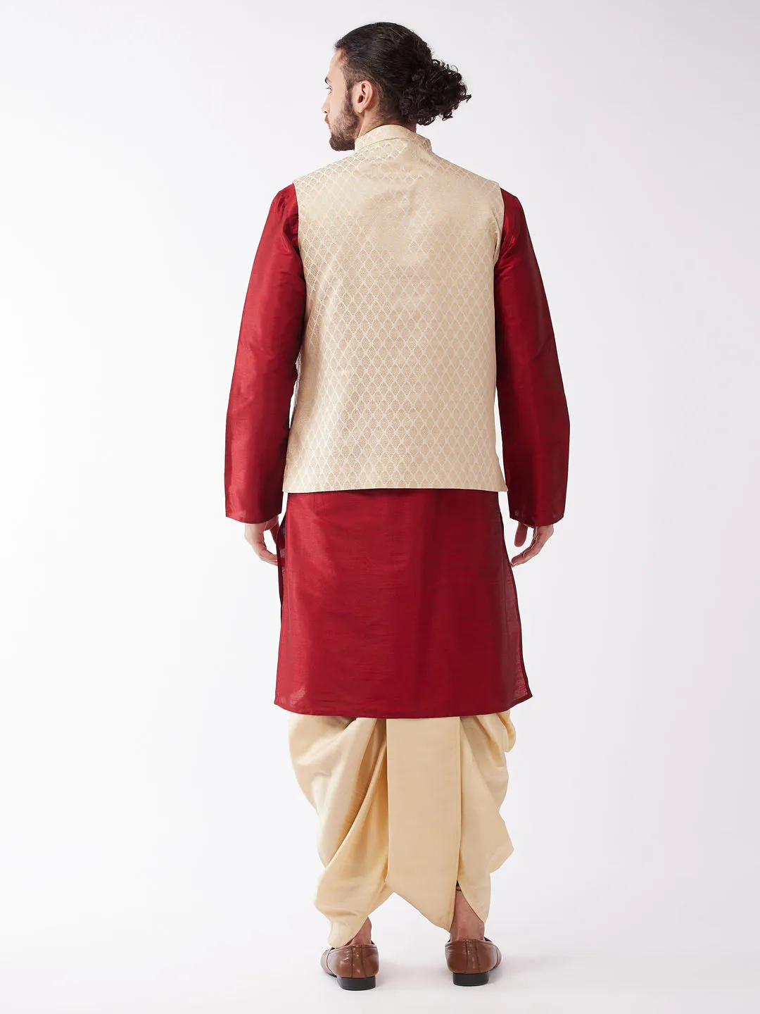 Vastramay Men's Maroon Silk Jacket Kurta Dhoti Set.