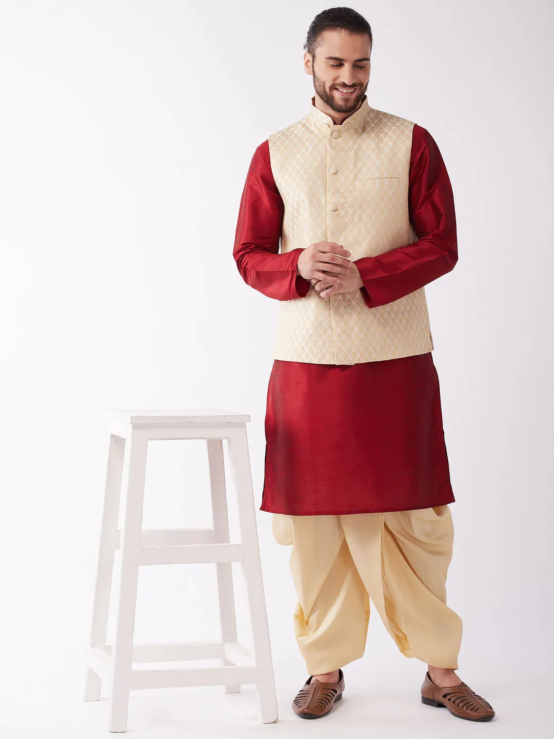 Vastramay Men's Maroon Silk Jacket Kurta Dhoti Set.