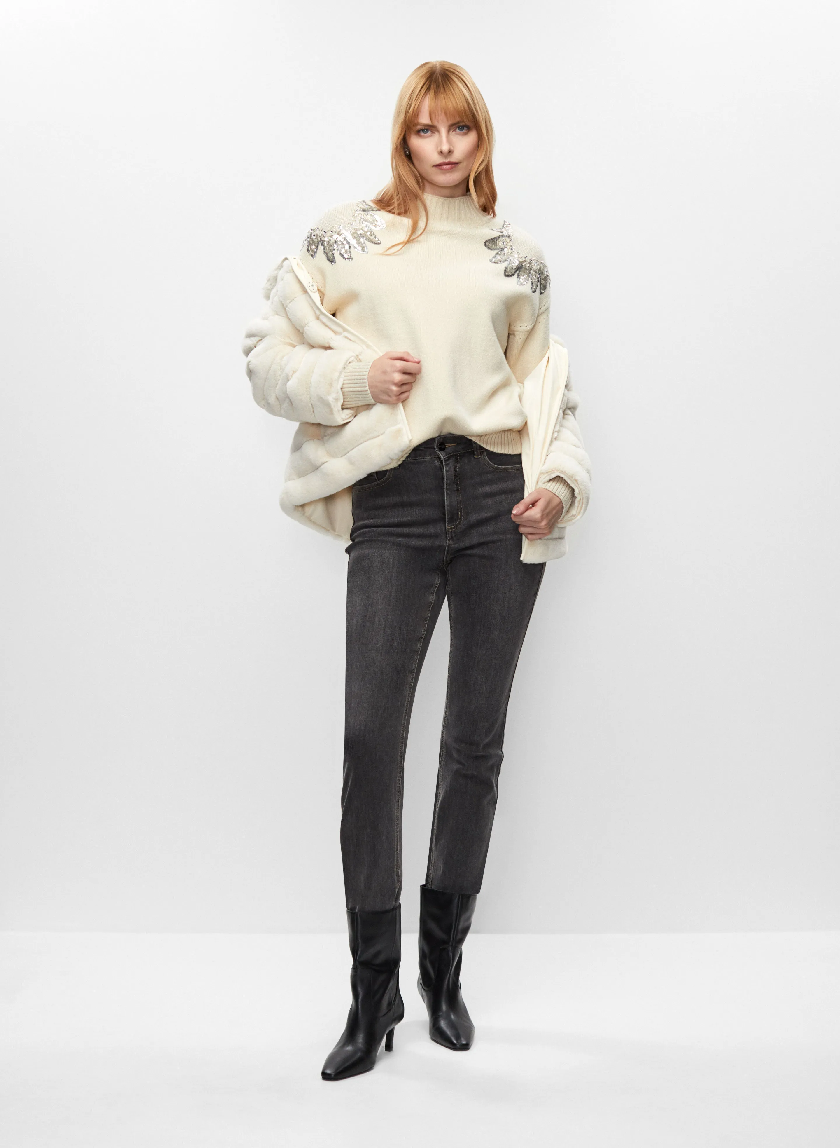 Cruelty-Free Faux Fur Coat and Sparkly Hem Jeans