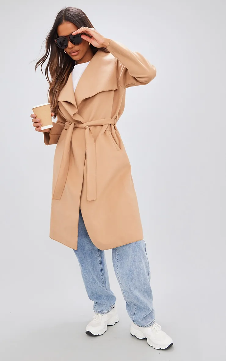 Veronica Waterfall Coat with Tie Waist - Camel