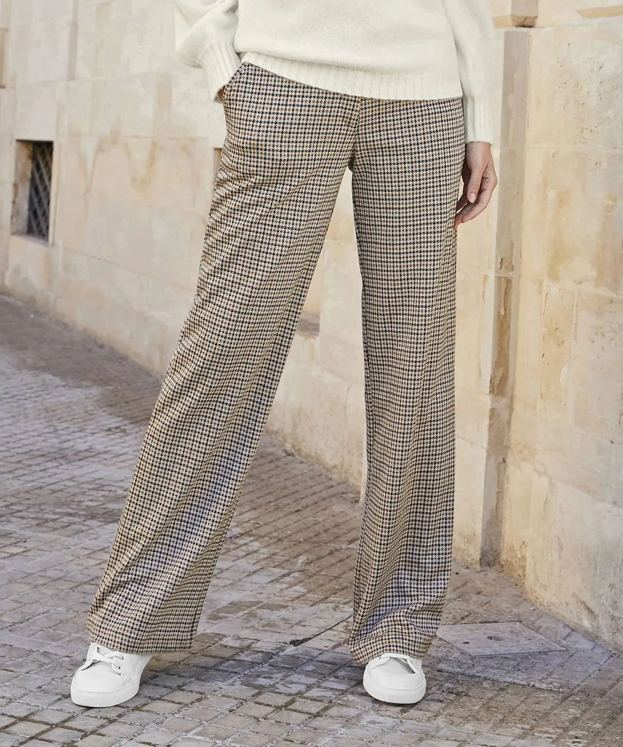 Stretch Check Wide-leg Trousers