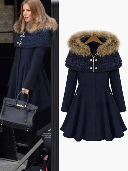 Winter Women's Hooded Cloak Coat with Faux Fur Poncho Outerwear