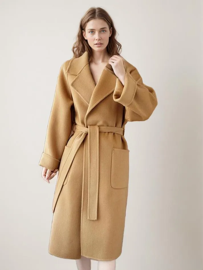 Women's Winter Lapel Wrap Coat with Big Pockets - Solid Color Outerwear