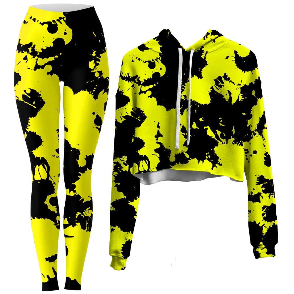 Yellow Black Paint Splatter Crop Hoodie Leggings Set