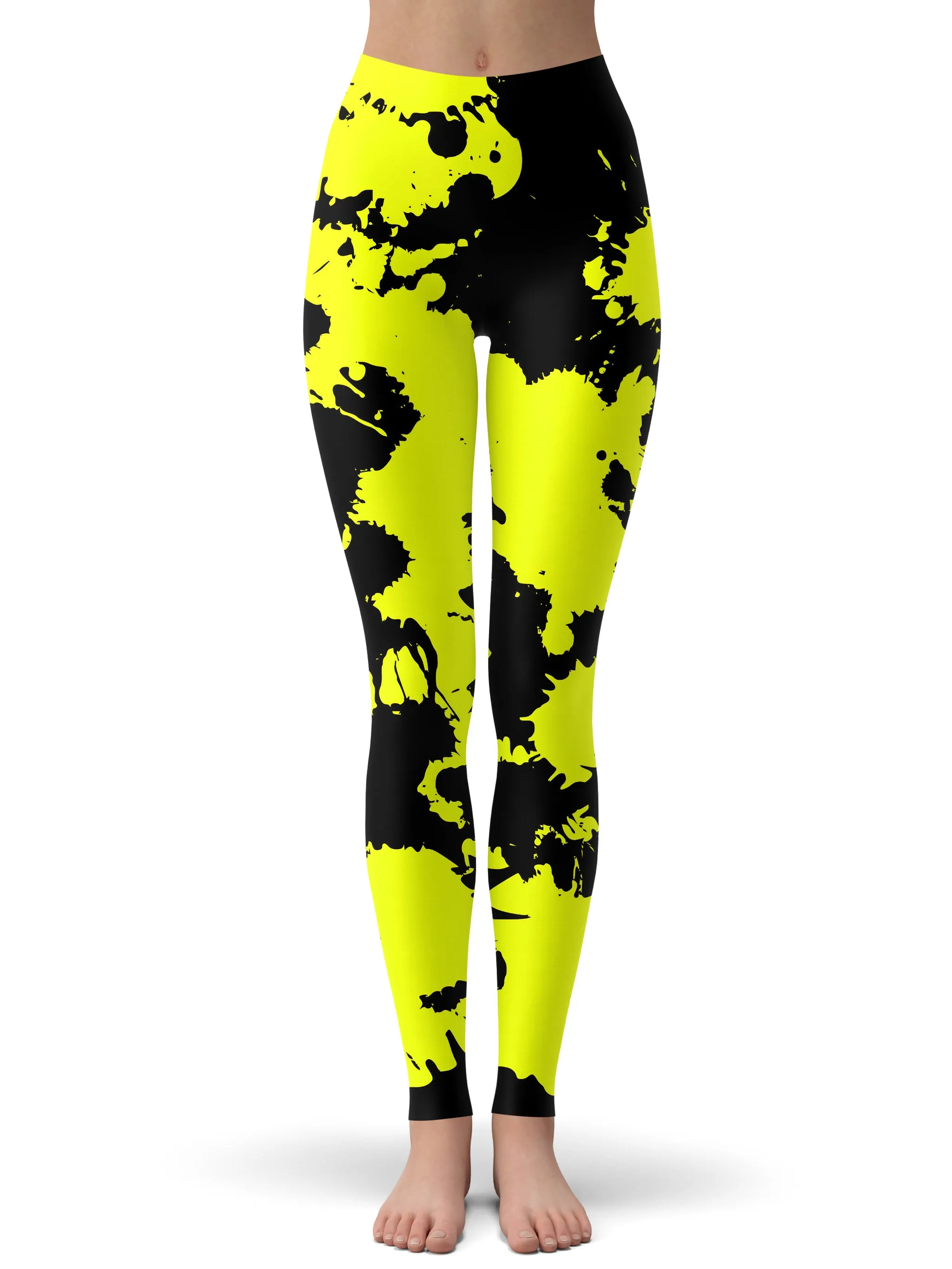 Yellow Black Paint Splatter Crop Hoodie Leggings Set