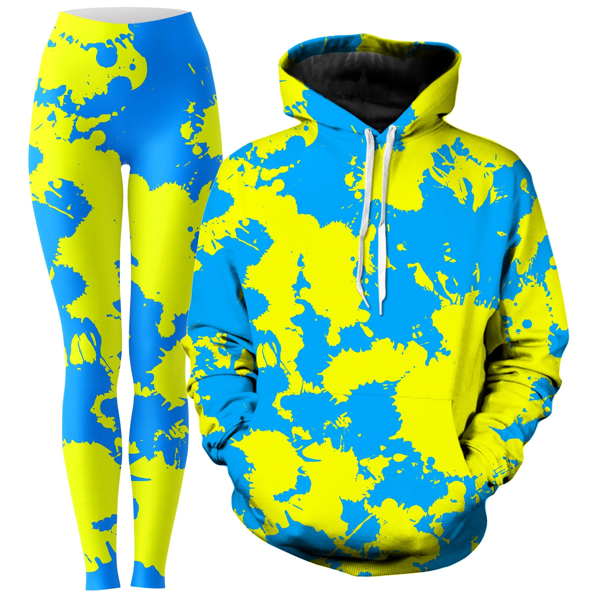 Yellow Blue Paint Splatter Hoodie Leggings Combo